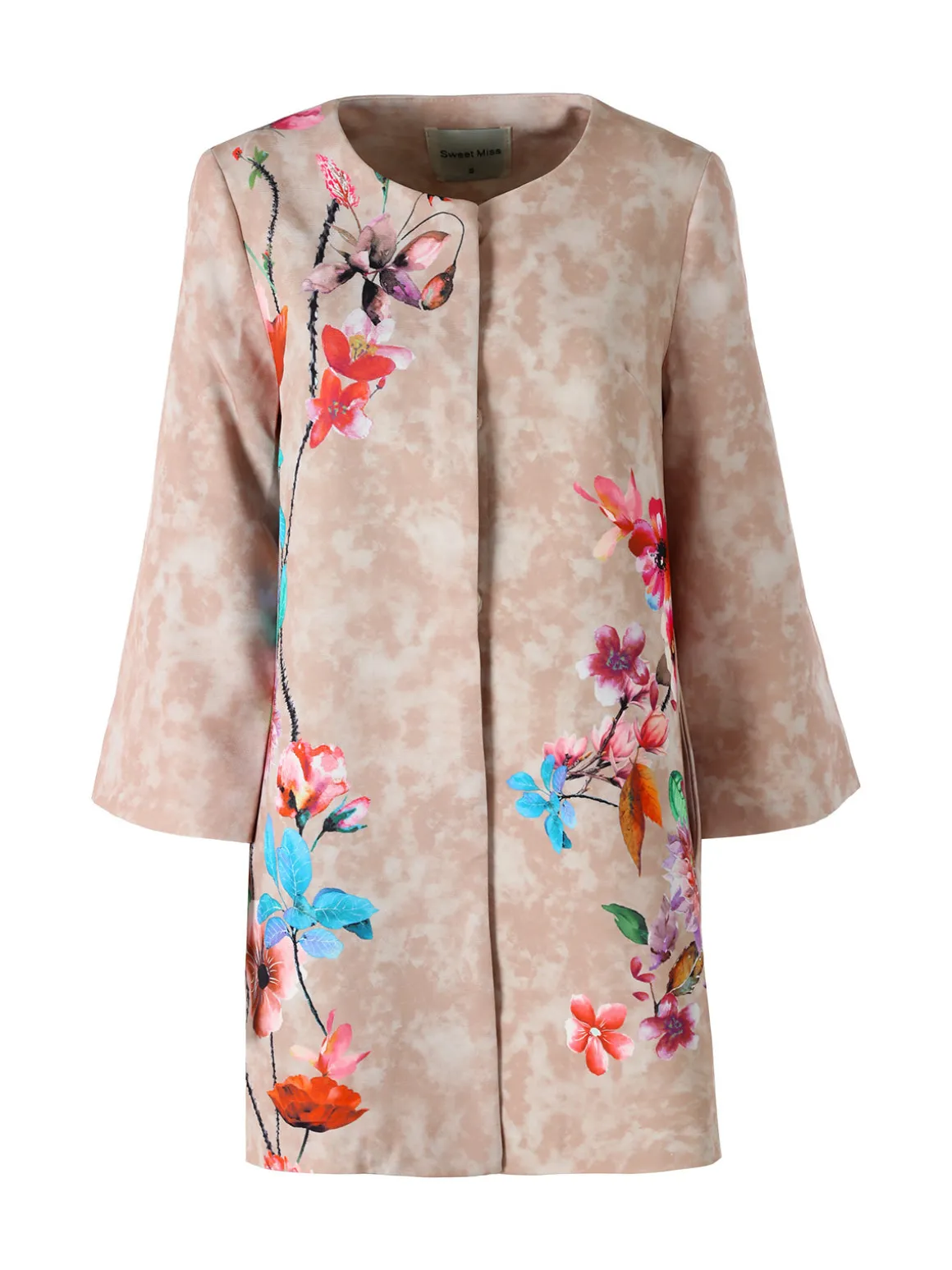 Sweet Miss Cappotto donna con stampe floreali e maniche 3/4 a campana - beige