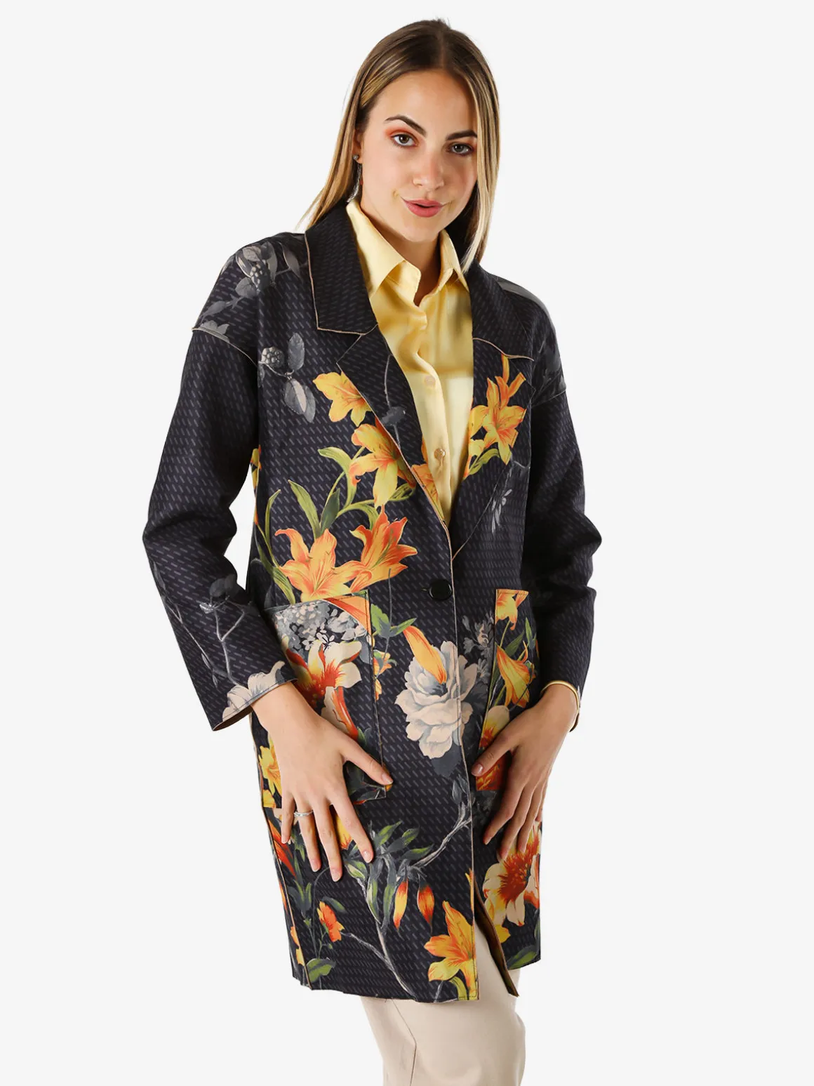 Sweet Miss Cappotto donna oversize in tessuto scamosciato con stampe floreali - nero