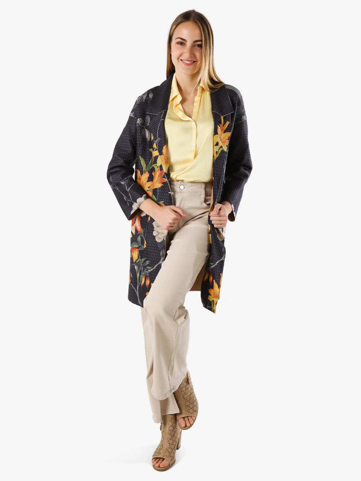 Sweet Miss Cappotto donna oversize in tessuto scamosciato con stampe floreali - nero