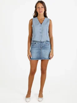 Sweet Miss Gilet donna a righe in misto lino e cotone - blu