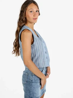 Sweet Miss Gilet donna a righe in misto lino e cotone - blu