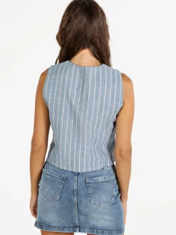 Sweet Miss Gilet donna a righe in misto lino e cotone - blu