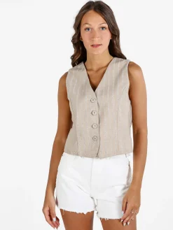 Sweet Miss Gilet donna a righe in misto lino e cotone - beige