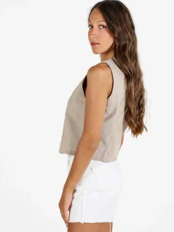 Sweet Miss Gilet donna a righe in misto lino e cotone - beige