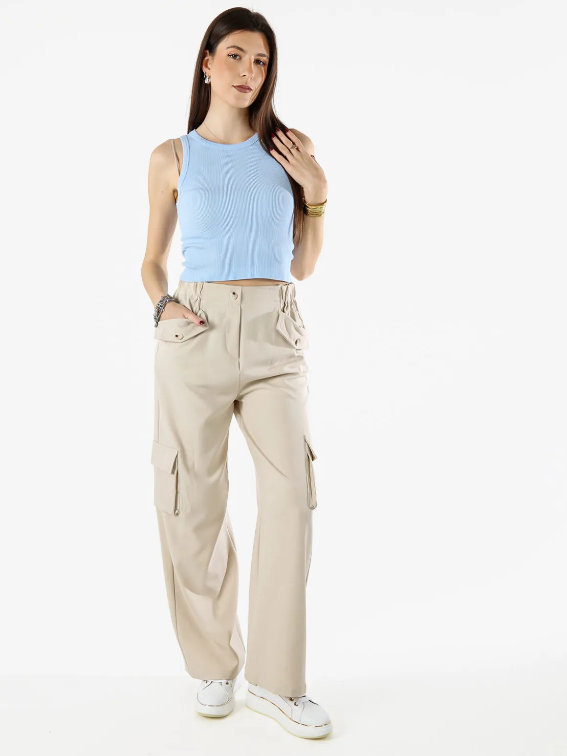 Sweet Miss Pantaloni cargo da donna a gamba larga - beige