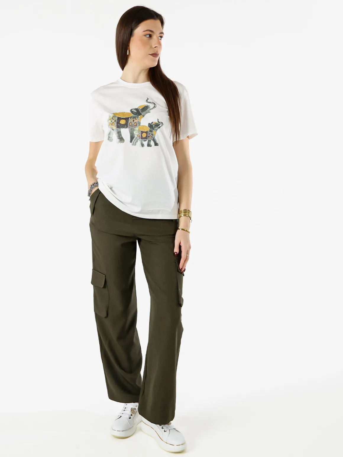 Sweet Miss Pantaloni donna a palazzo con tasconi laterali - militare