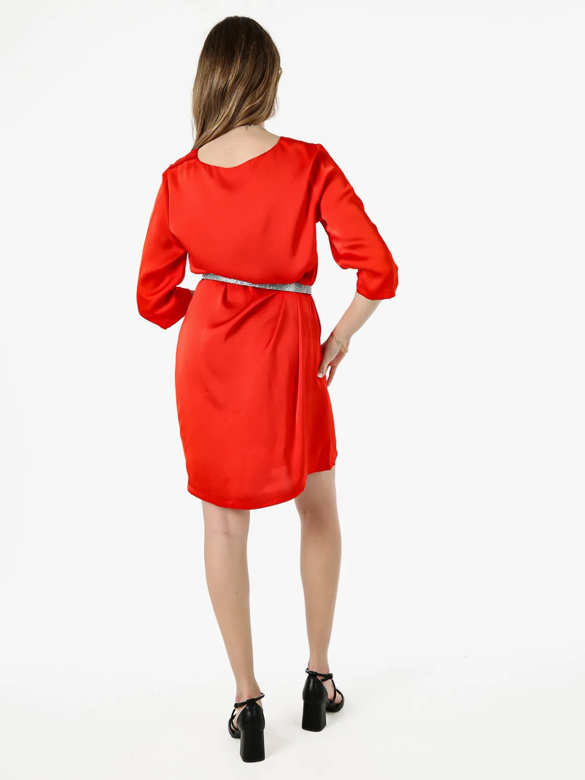 Sweet Miss Vestito donna con maniche a 3/4 in tessuto effetto raso - rosso