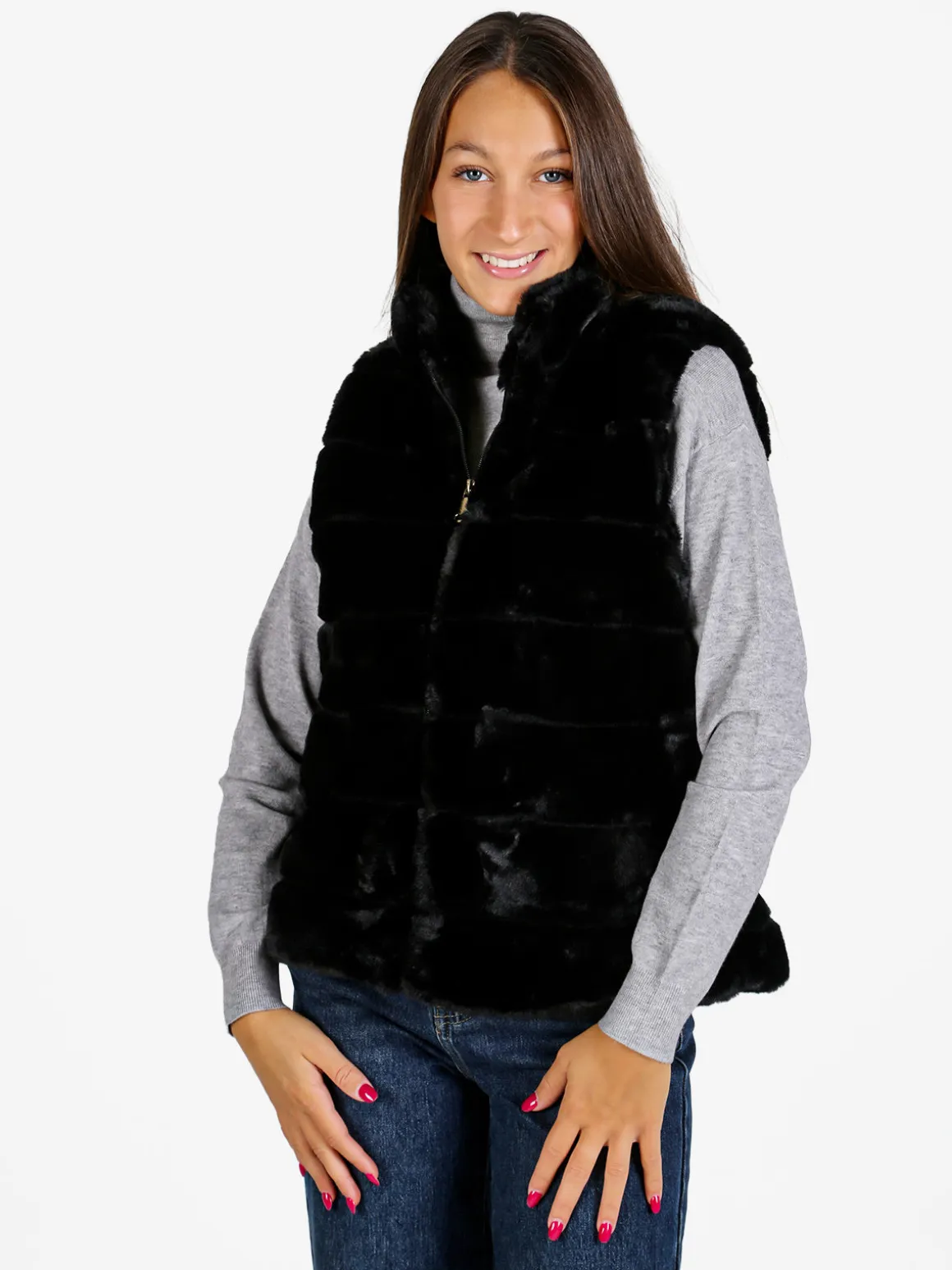 Swish Jeans Gilet donna in ecopelliccia- nero