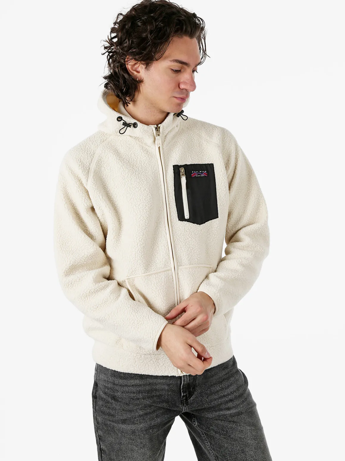 The People Rep Felpa teddy in pile da uomo con cappuccio e zip - beige