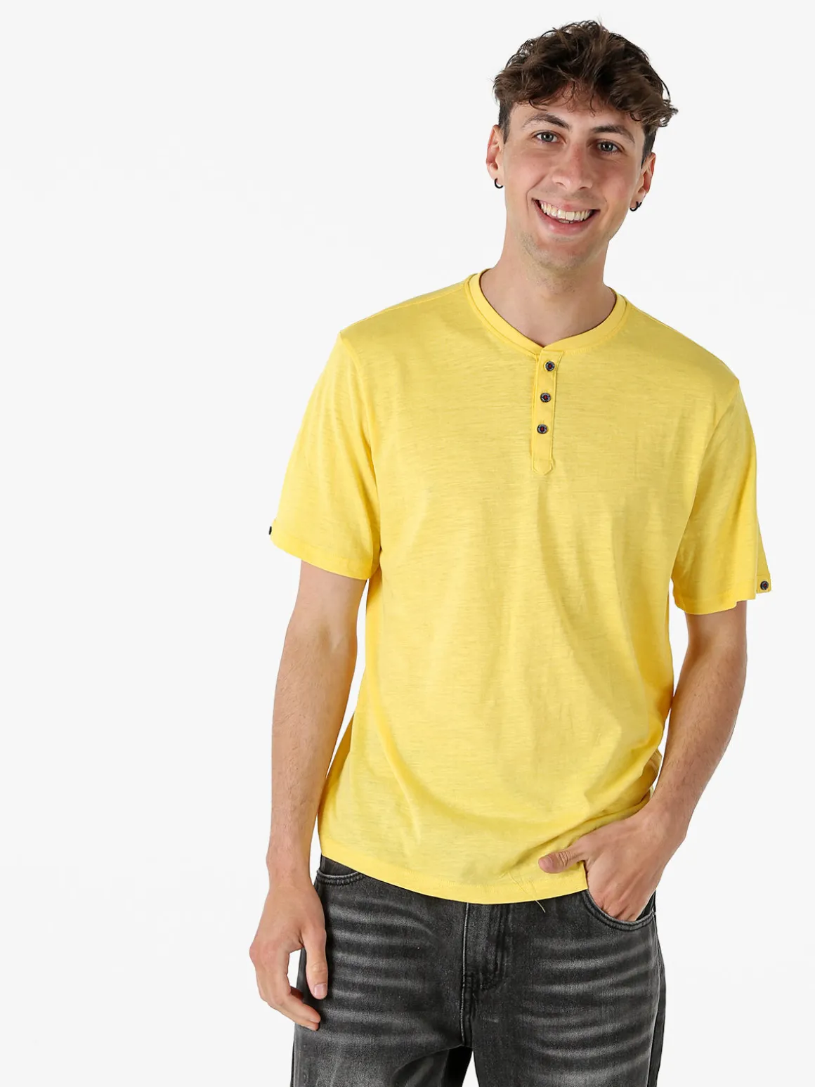 The People Rep T-shirt da uomo in cotone con bottoncini sullo scollo - giallo