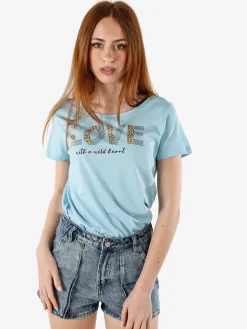 The People Rep T-shirt donna in cotone con stampa animalier e micro borchie - azzurro