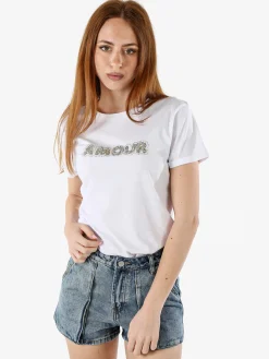 The People Rep T-shirt donna in cotone con scritta di strass e pietre - bianco