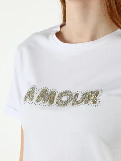 The People Rep T-shirt donna in cotone con scritta di strass e pietre - bianco