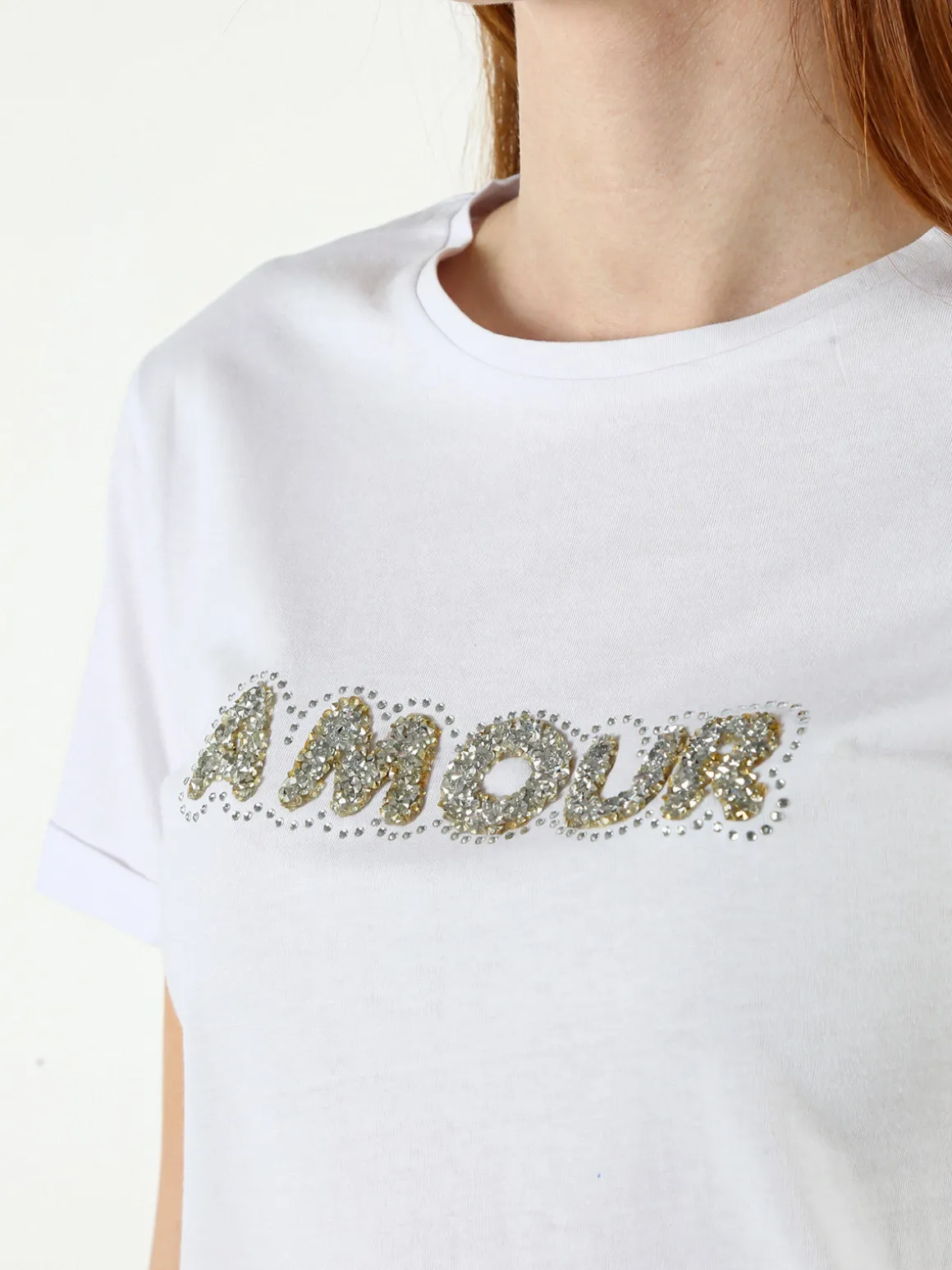 The People Rep T-shirt donna in cotone con scritta di strass e pietre - bianco