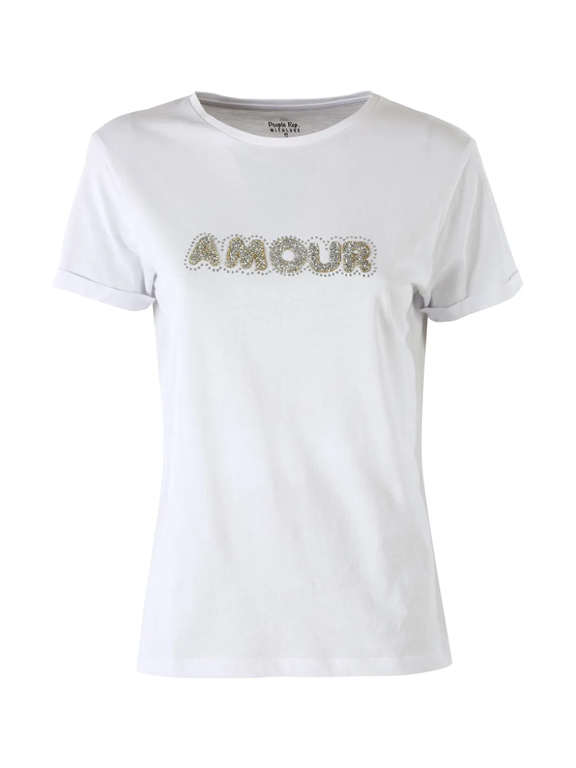 The People Rep T-shirt donna in cotone con scritta di strass e pietre - bianco