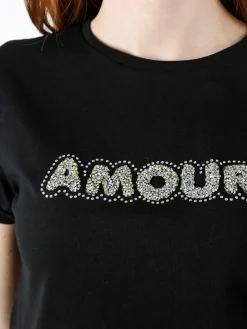 The People Rep T-shirt donna in cotone con scritta di strass e pietre - nero