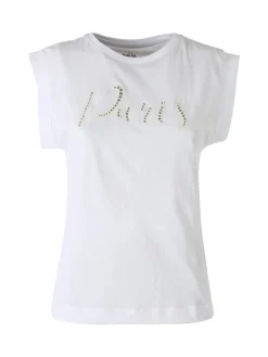 The People Rep T-shirt donna in cotone con maniche a volant e taschino di strass - bianco