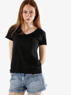 The People Rep T-shirt donna in cotone con maniche a volant e taschino di strass - nero