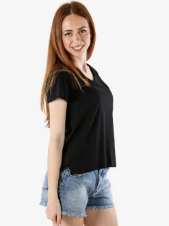 The People Rep T-shirt donna in cotone con maniche a volant e taschino di strass - nero