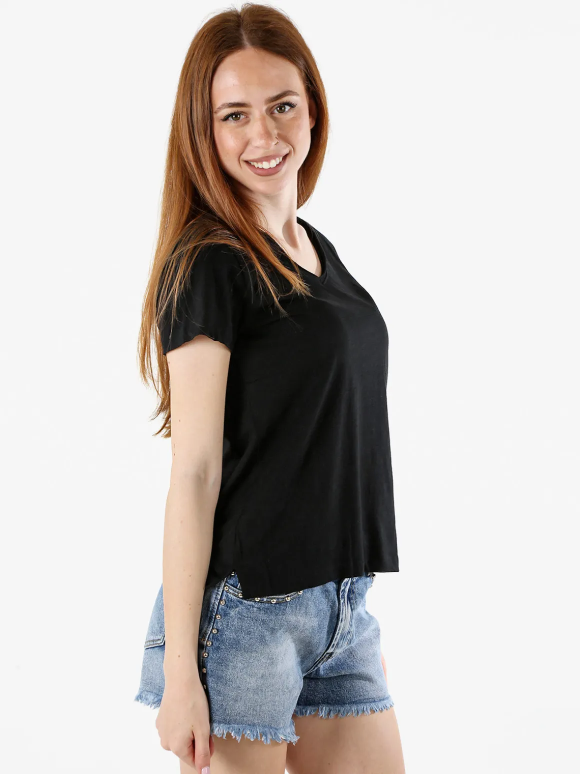 The People Rep T-shirt donna in cotone con maniche a volant e taschino di strass - nero