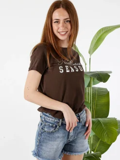 The People Rep T-shirt donna in cotone con scritta di strass e pietre - sabbia