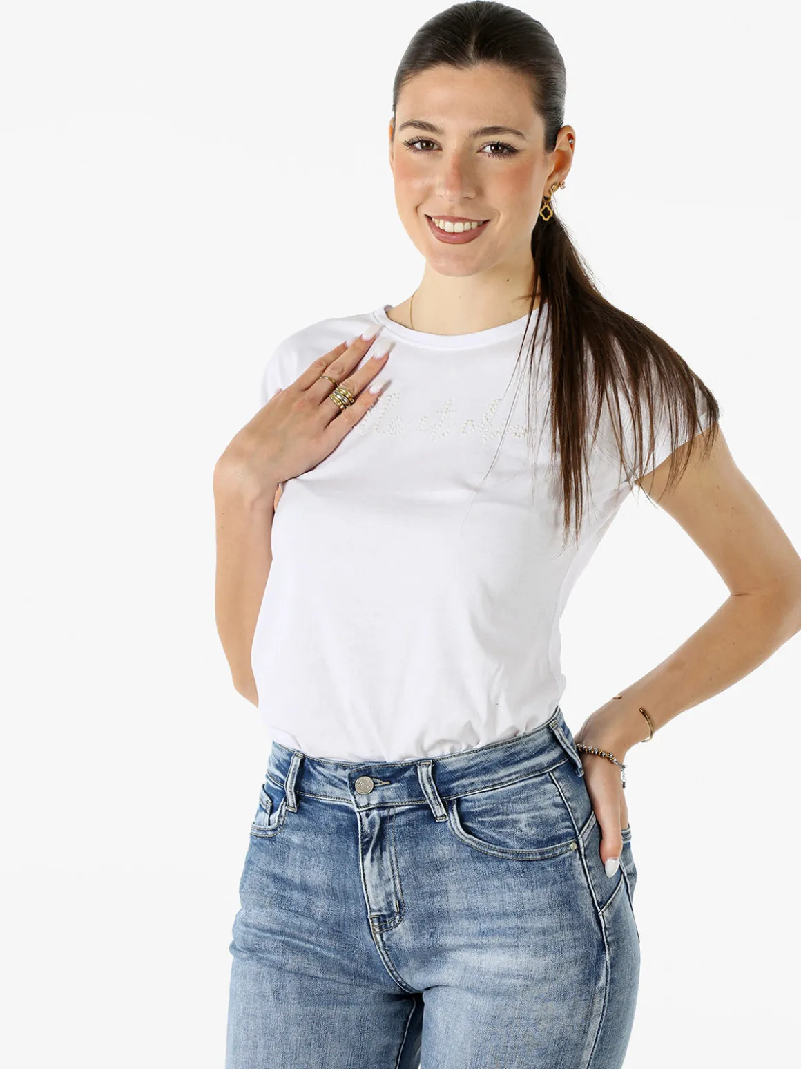 The People Rep T-shirt girocollo da donna in cotone con perline - bianco