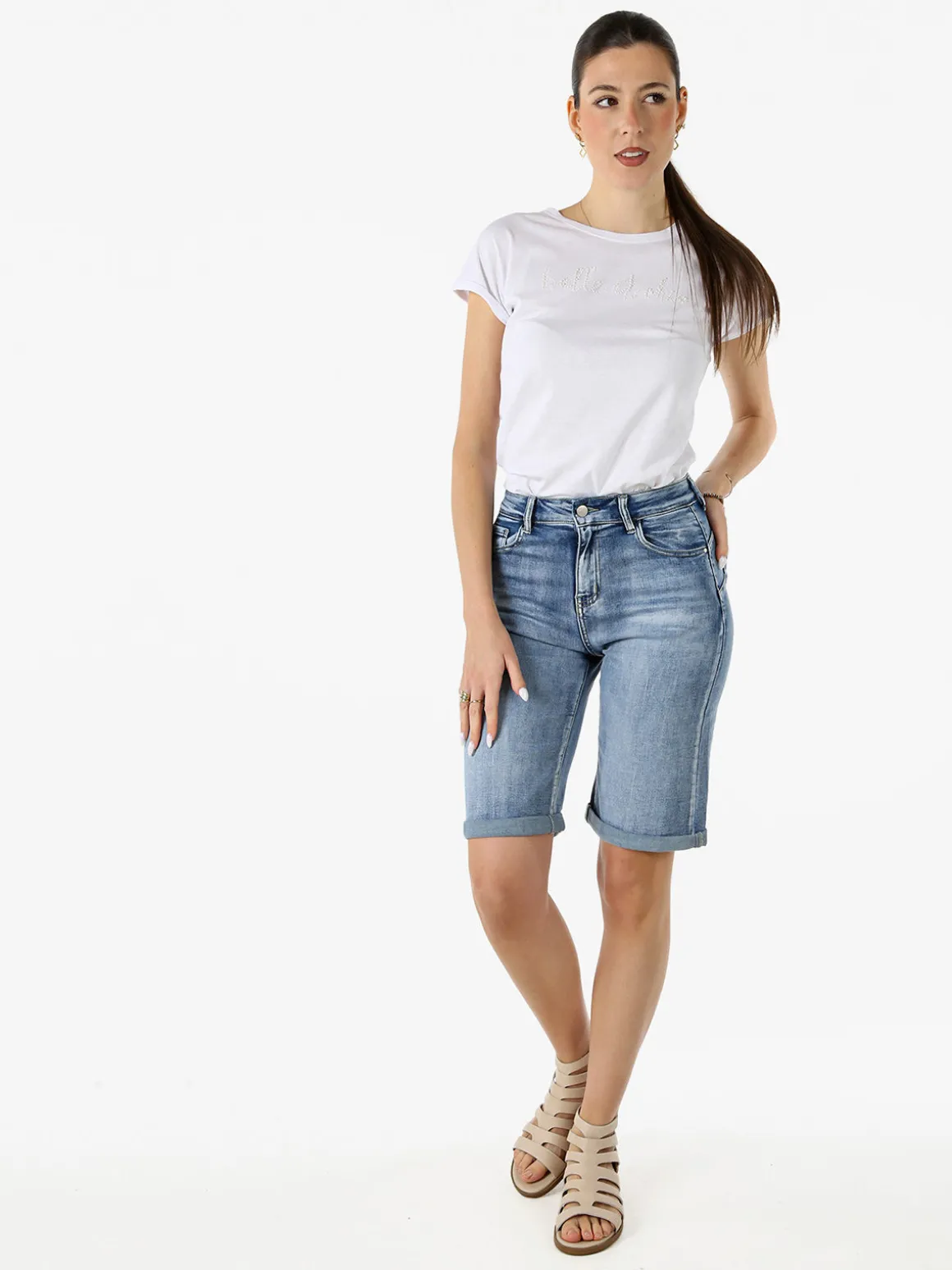 The People Rep T-shirt girocollo da donna in cotone con perline - bianco