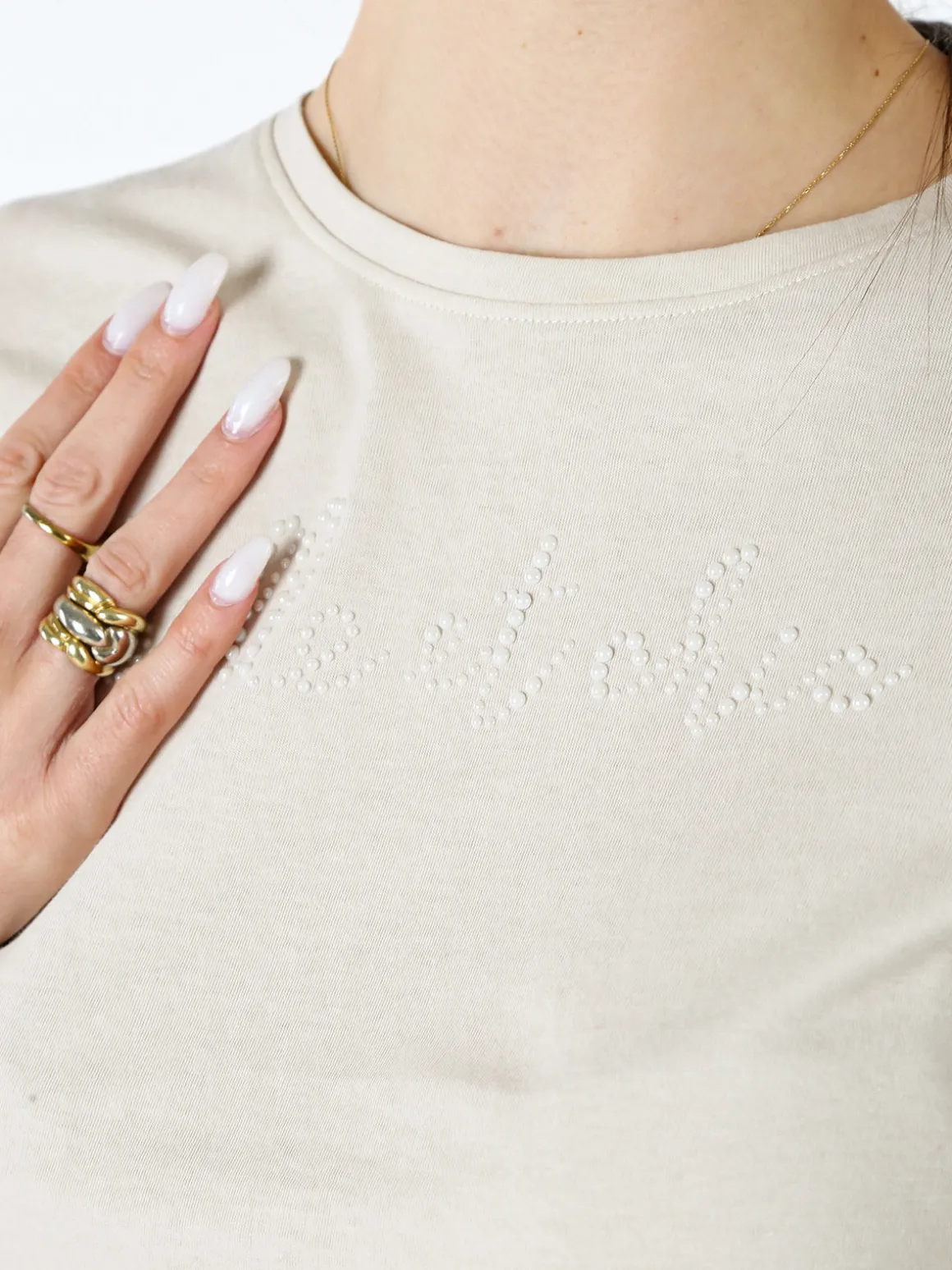 The People Rep T-shirt girocollo da donna in cotone con perline - beige