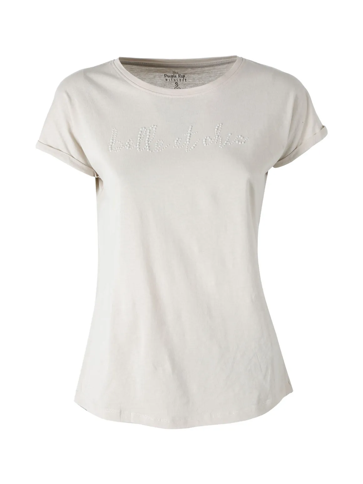 The People Rep T-shirt girocollo da donna in cotone con perline - beige