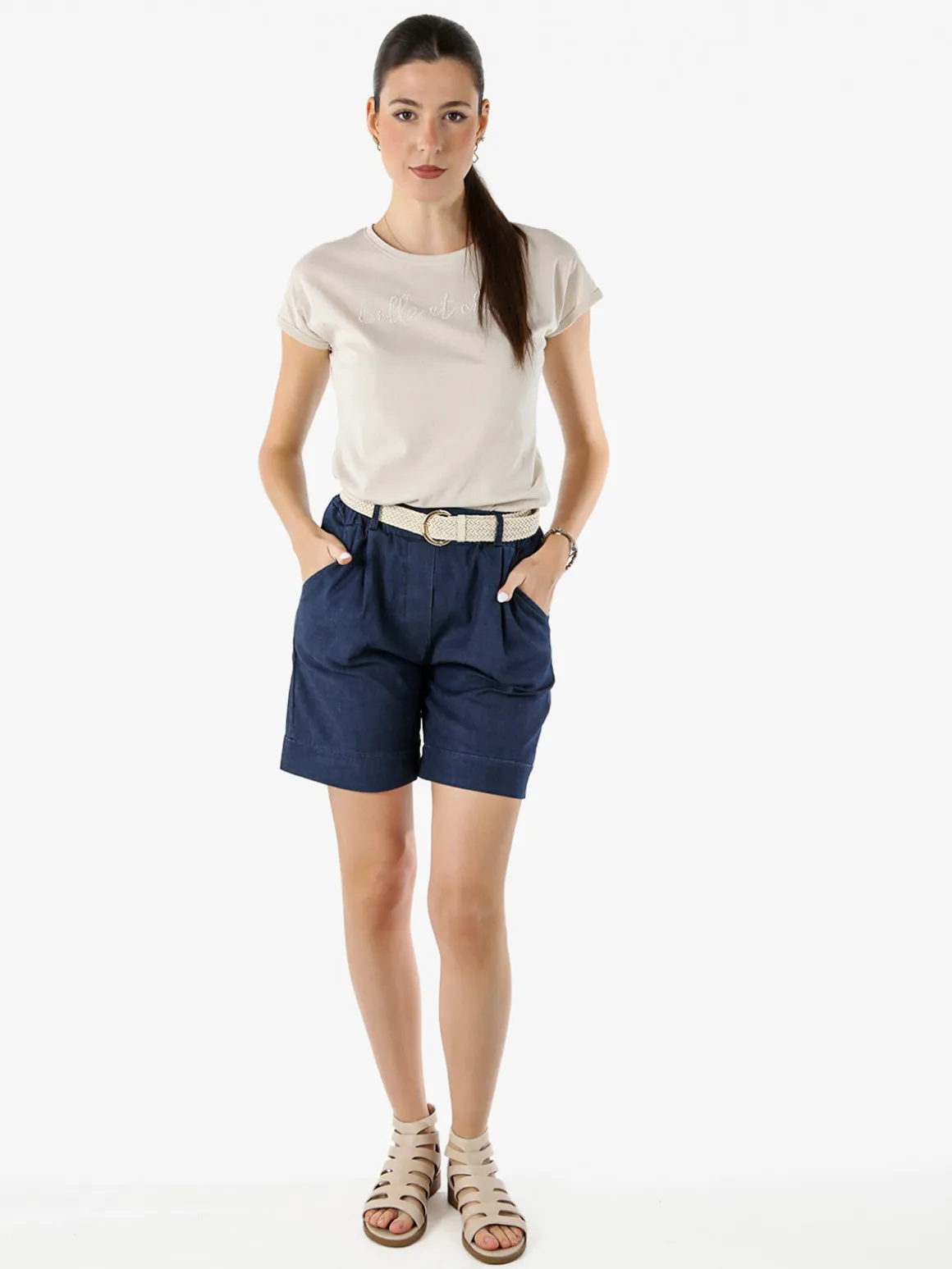The People Rep T-shirt girocollo da donna in cotone con perline - beige