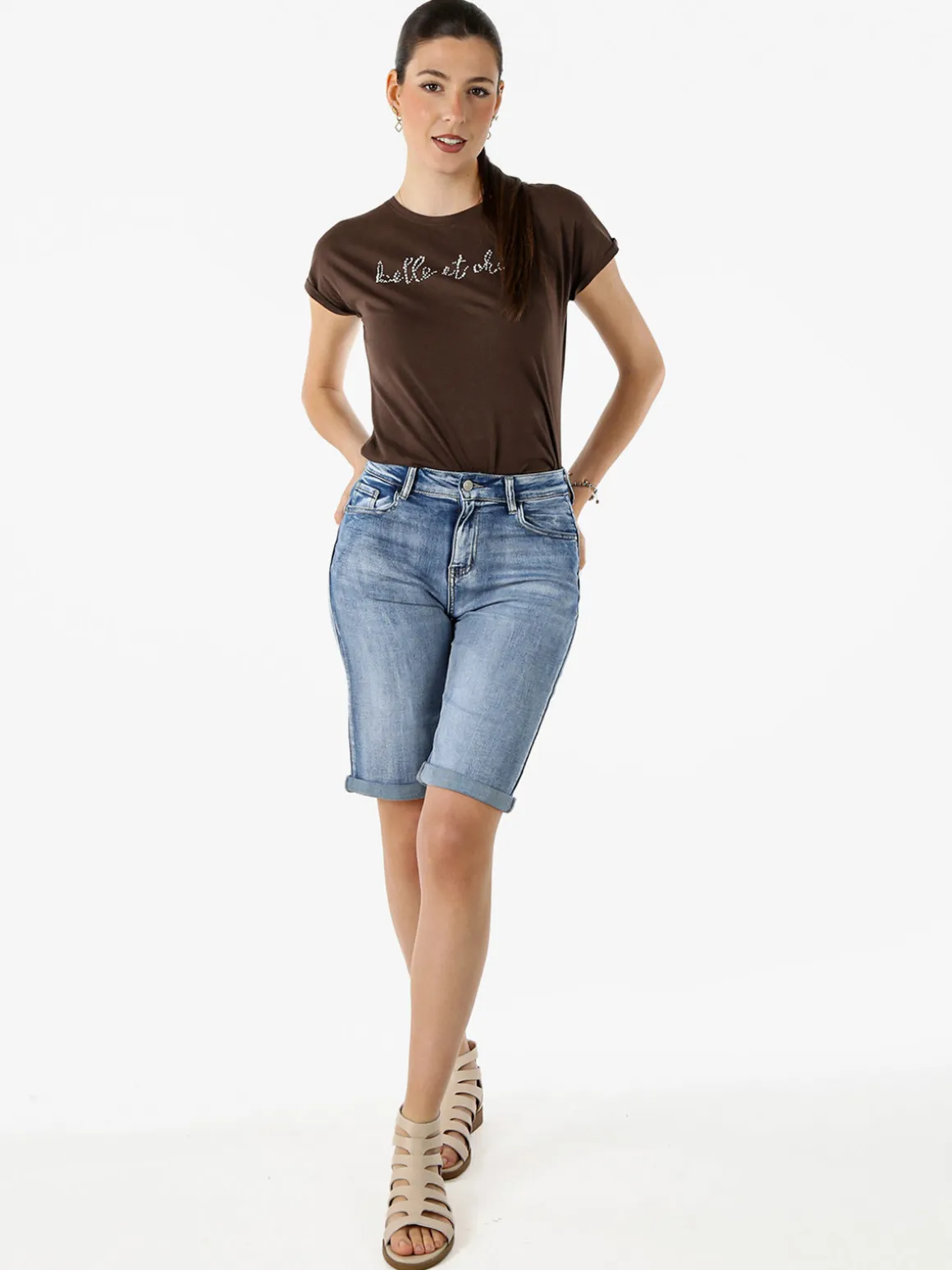 The People Rep T-shirt girocollo da donna in cotone con perline - moro
