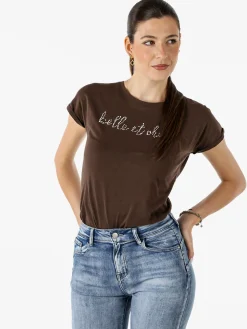 The People Rep T-shirt girocollo da donna in cotone con perline - moro