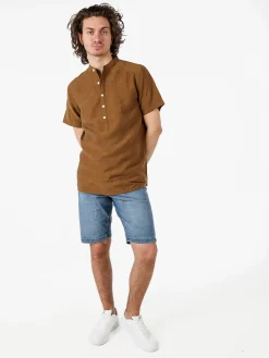 Tmk Camicia da uomo leggera a maniche corte con colletto alla coreana - marrone