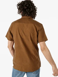 Tmk Camicia da uomo leggera a maniche corte con colletto alla coreana - marrone