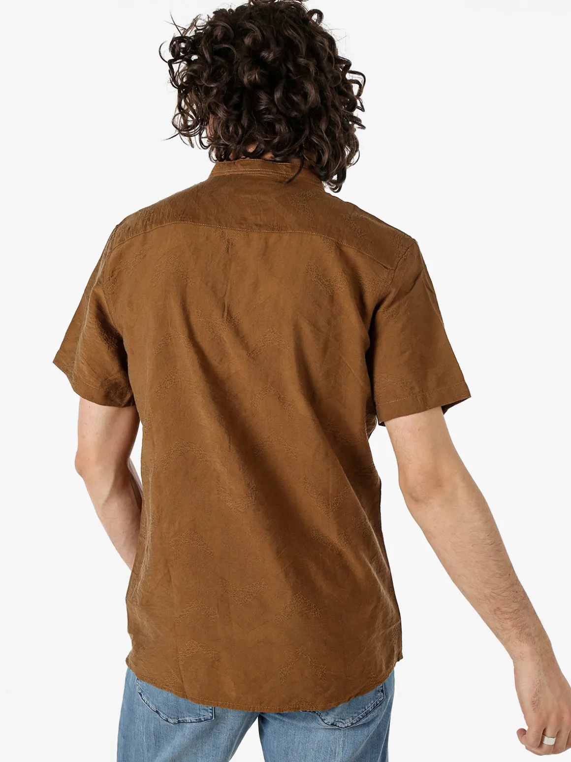 Tmk Camicia da uomo leggera a maniche corte con colletto alla coreana - marrone