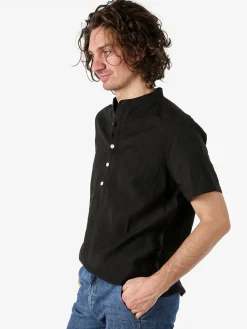 Tmk Camicia da uomo leggera a maniche corte con colletto alla coreana - nero