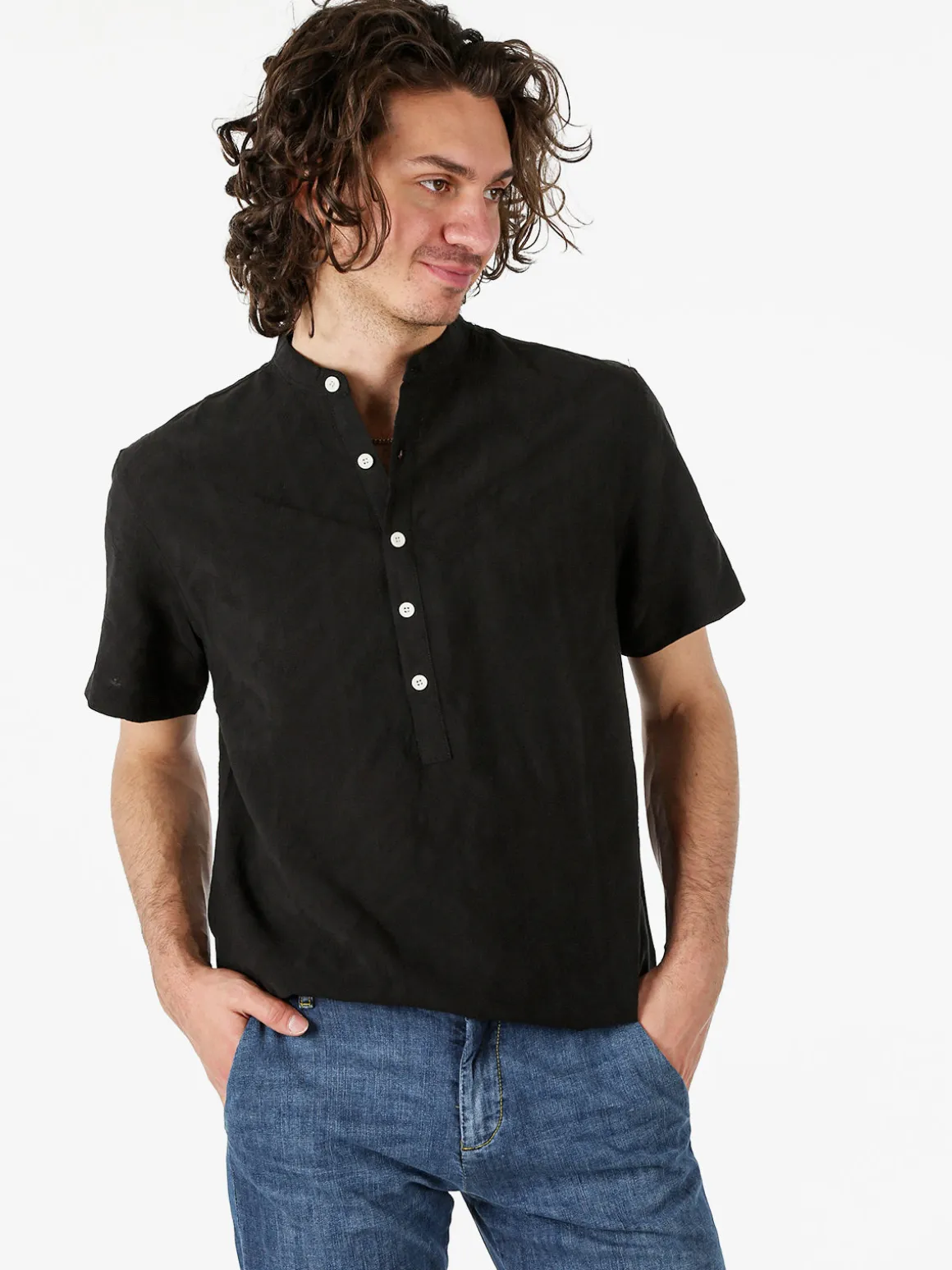 Tmk Camicia da uomo leggera a maniche corte con colletto alla coreana - nero