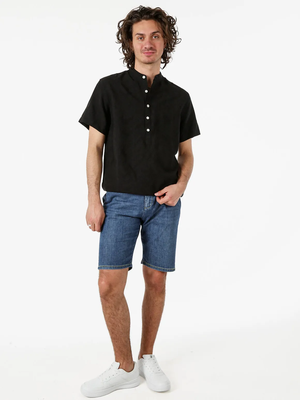 Tmk Camicia da uomo leggera a maniche corte con colletto alla coreana - nero