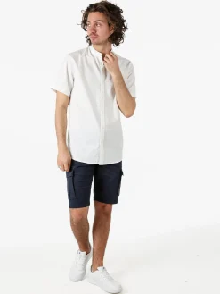 Tmk Camicia uomo misto lino e cotone a maniche corte con colletto alla coreana - bianco