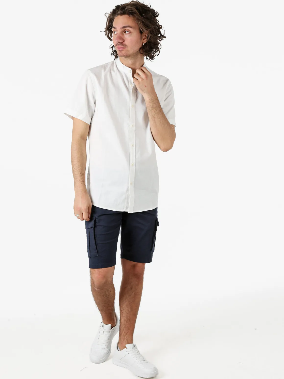 Tmk Camicia uomo misto lino e cotone a maniche corte con colletto alla coreana - bianco