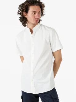 Tmk Camicia uomo misto lino e cotone a maniche corte con colletto alla coreana - bianco