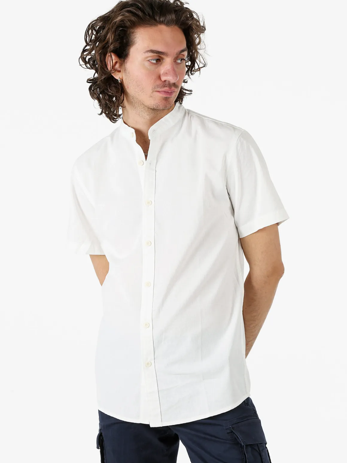 Tmk Camicia uomo misto lino e cotone a maniche corte con colletto alla coreana - bianco