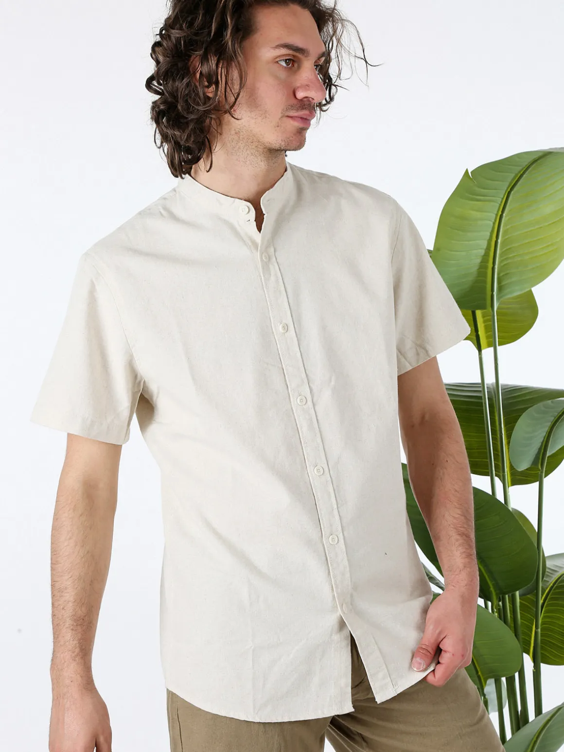 Tmk Camicia uomo misto lino e cotone a maniche corte con colletto alla coreana - blu scuro