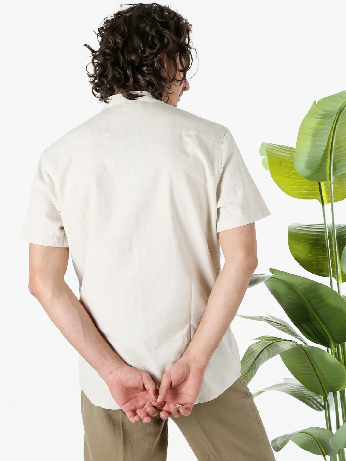 Tmk Camicia uomo misto lino e cotone a maniche corte con colletto alla coreana - blu scuro