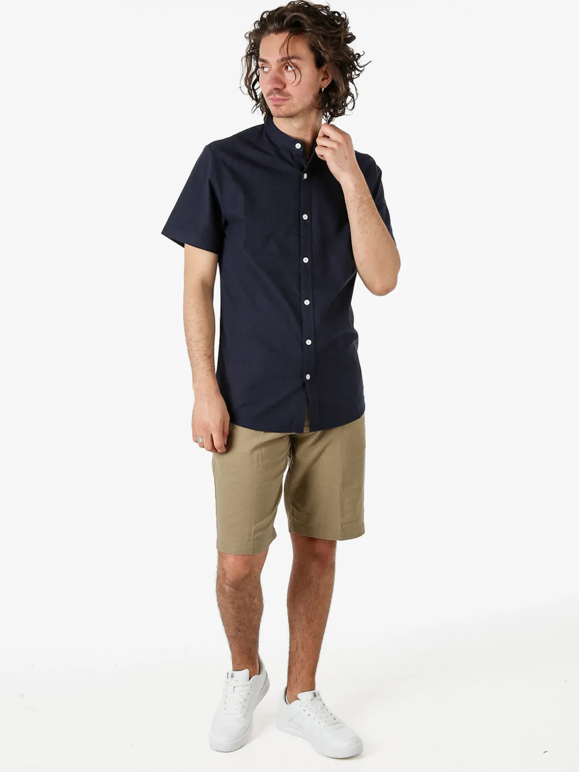 Tmk Camicia uomo misto lino e cotone a maniche corte con colletto alla coreana - blu scuro