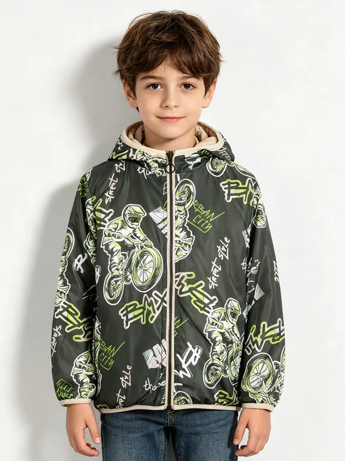 Top Style Giubbino 100 grammi da bambino reversibile con cappuccio e zip - beige