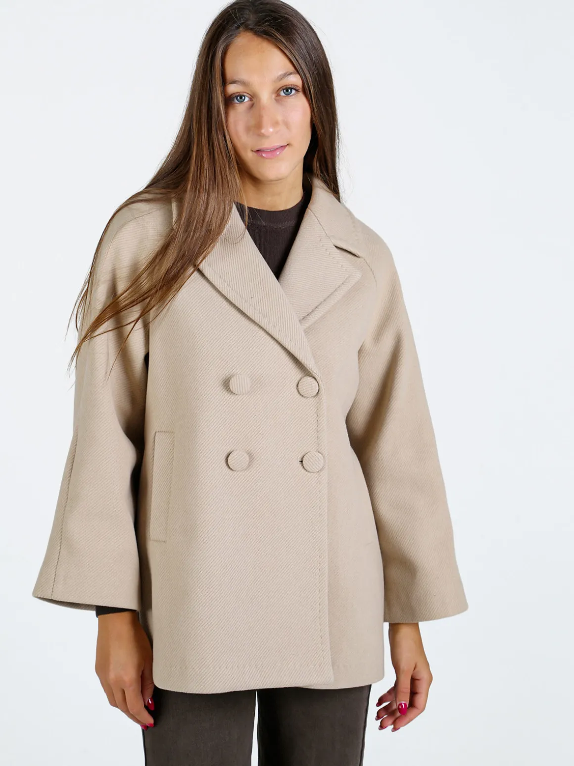 Trasparenze Cappotto corto da donna a doppiopetto con bottoni - beige