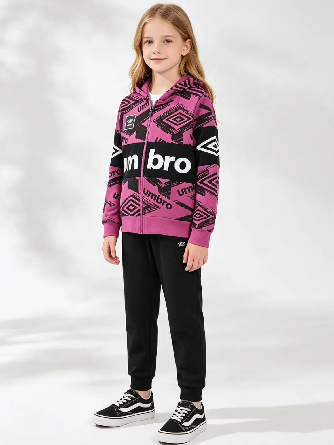 Umbro Completo tuta da ragazza 2 pezzi con cappuccio e zip - fucsia