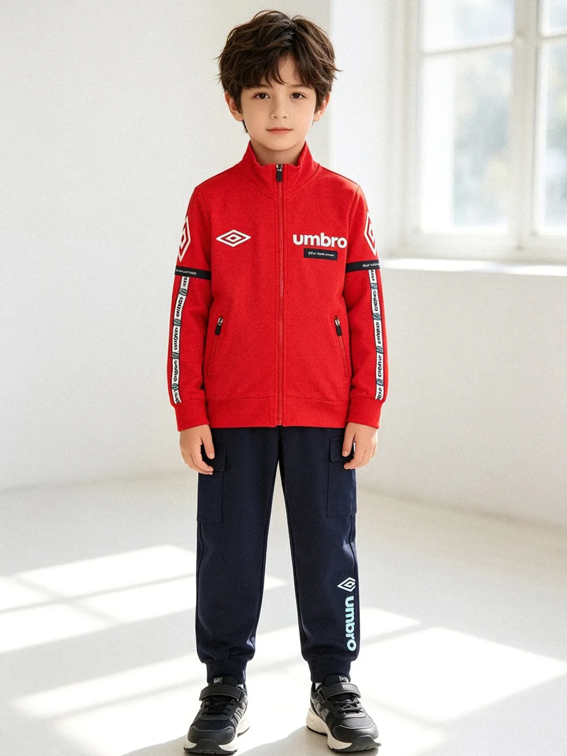 Umbro Completo tuta 2 pezzi da bambino full zip con pantaloni cargo - rosso