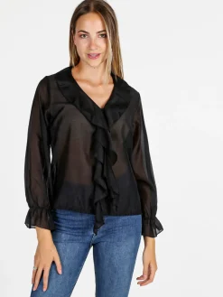 Unique Blusa donna a maniche lunghe con volant - nero